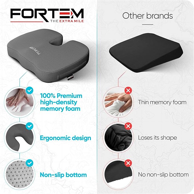 FORTEM Seat Cushion, Office Chair Cushion, Desk Chair Memory Foam, Sciatica Coccyx Tailbone Pain Relief, Pressure Relief, Sitting Pad, for Long Gaming & Sitting, Washable Cover, Non Slip, XL