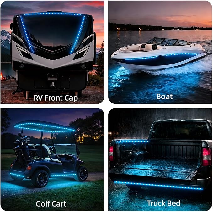 12V Marine Boat LED Light Strip Super Bright, 2 Pack 4FT IP68 Fully Waterproof RV Front Cap Lights, Golf Cart Underglow Roof Lights Strip for Truck ATV UTV SUV Car Pickup Trailer, Cuttable, Blue