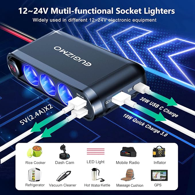 EUGIZMO 12V Car Cigarette Lighter Socket, 200W 3 Socke t Cigarette Lighter Plug Splitter Car Charger Adapter 12 Volt Socket Power Outlet Auxiliary with Eyelet Terminal (Red)