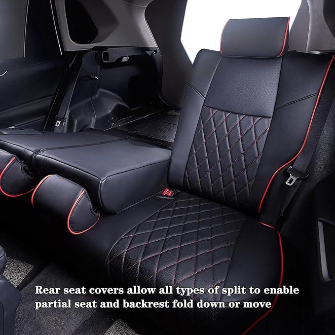 HKZ Custom Fit RAV4 Hybrid Car Seat Covers Set for 2019 2020 2021 2022 2023 2024 2025 Toyota RAV4 Hybrid Model Only LE,XLE,Limited,Woodland Edition,XLE Premium- 5 Seats Full Set Leather(Black&Red)