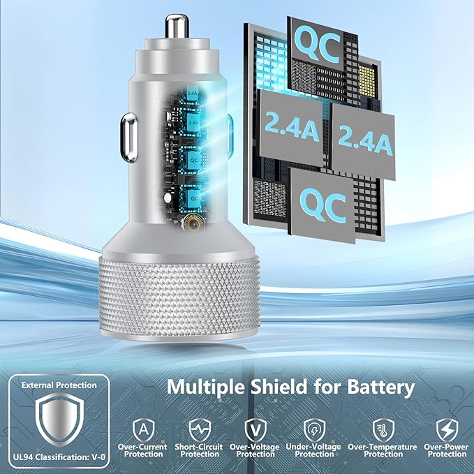 USB Car Charger, Stuffcool 60W Dual USB-A + QC3.0 Power Cigarette Lighter Adapter 4-Port Car Charger Carplay Fast Charging for iPhone 17 17 Pro Max 16 15 14 13 12/Galaxy S26 S25 S24 S23/Pixel 9 8/iPad