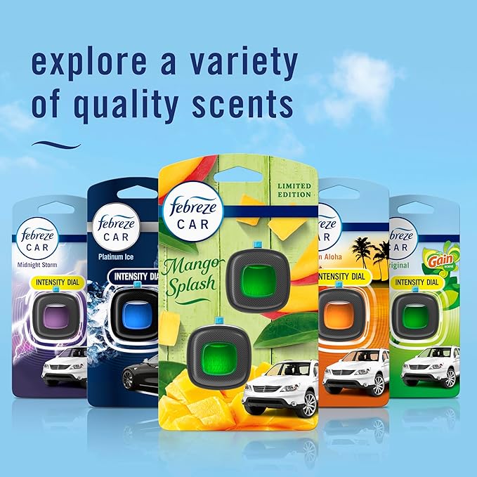 Febreze Car Air Freshener Vent Clip Multipack Mango Splash Scent, Long Lasting Smell Fighter for Strong Odors Car Febreze Clip Automotive Vent Air Freshener 4 Count