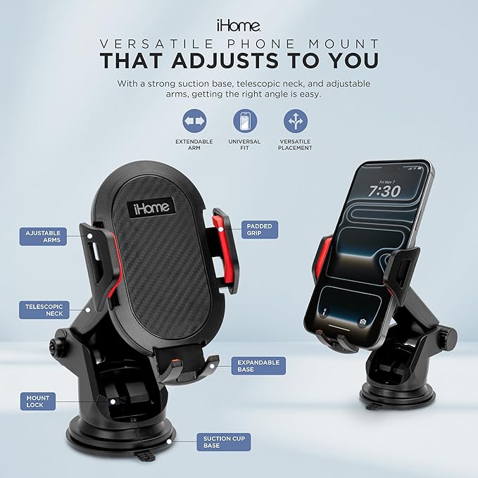 iHome Car Mount, Dashboard/Windshield/Vent Mount, Swivel Neck, Silicone Grip, Adjustable Mount Arm with Suction Cup Base (Adjustable Arm Car Mount)