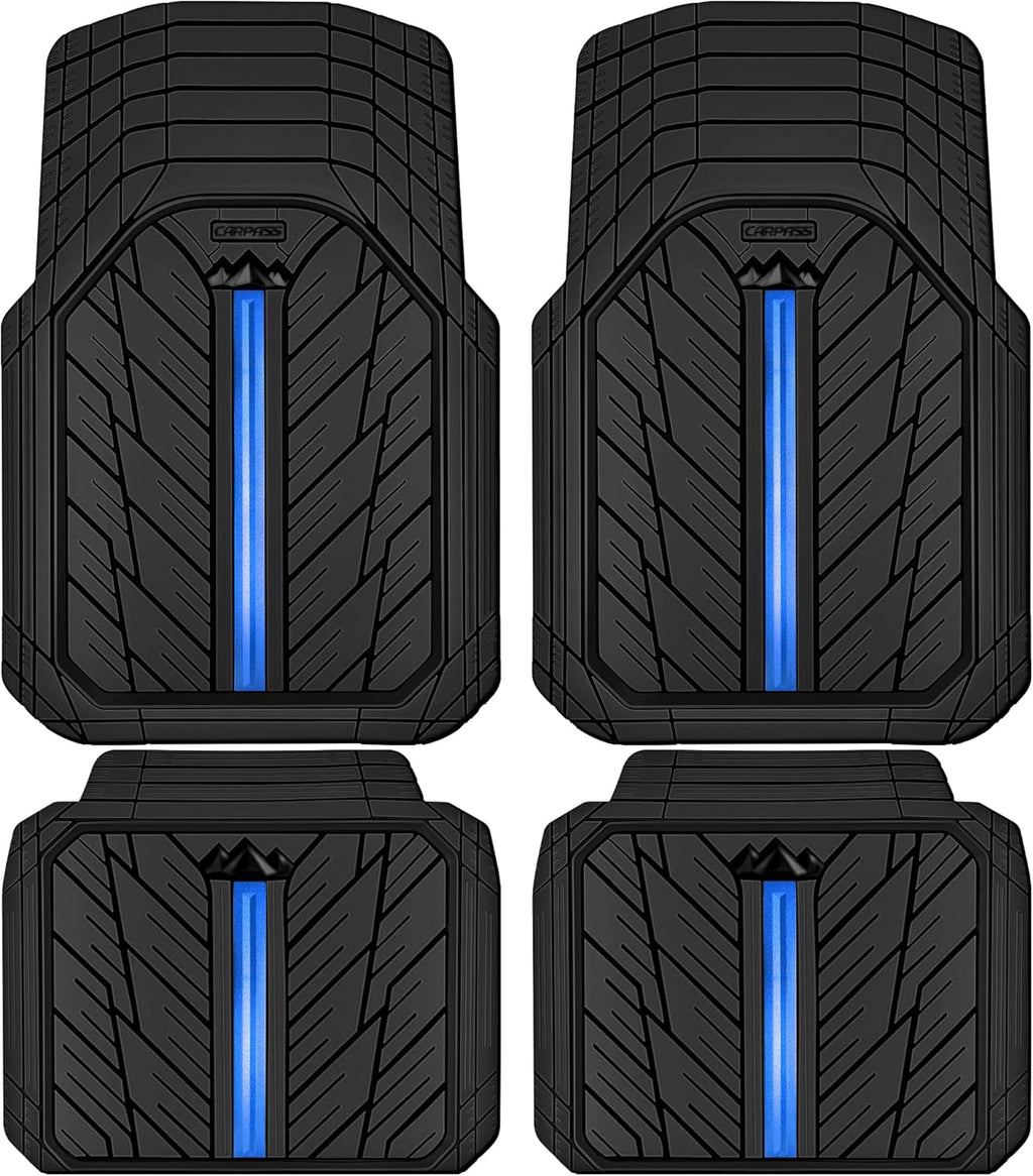CAR PASS Metal Medium Rubber Floor Mats for Car Heavy Duty Car Mats All Weather, Universal Trim to Fit for Truck SUV Vehicle Automotive Floor Mats, Waterproof Car Mats 4 Piece Black Bule