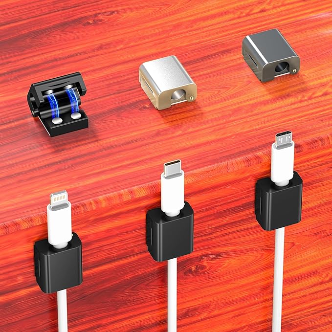 AGVEE 4 Pack Magnetic Cord Organizer Clips, 10mm Ultra-Thin Aluminum Cable Management Holder, 2 Pairs of Strong Magnets Keeper for Home Desk Office Gadgets Accessories, Residue-Free Tape, Black