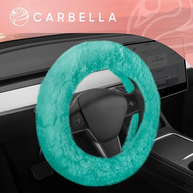 Carbella Aspen Mint Fuzzy Steering Wheel Cover for Women – Cute and Stylish Fluffy Fur Steering Wheel Cover for Cars Trucks Vans SUVs, Universal Fit for Wheel Sizes 14.5 to 15.5 inches