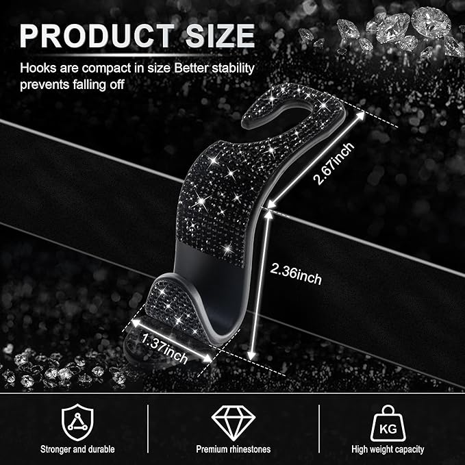 LivTee Car Seat Headrest Hook, Auto Seat Hook Hangers Storage Organizer Interior Accessories for Purse Coats Umbrellas Grocery Bags Handbag, 4-Pack(Bling Black)