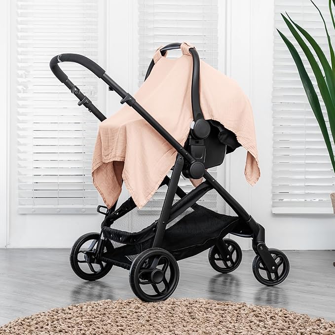 Comfy Cubs Baby Car Seat Cover - Soft, Breathable Bamboo Rayon and Muslin Cotton Blend - Lightweight Canopy for Sun, Bug, and Comfort Protection - Large Size Infant Seat Cover in Blush Design