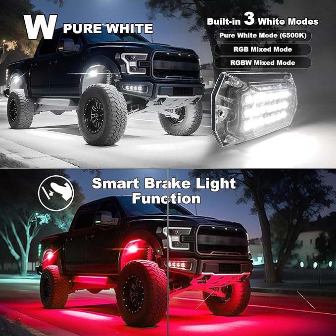 8 Pods Full Angle RGBW LED Rock Lights, 6500K Pure White RGB Rock Light for Jeeps Truck Golf Cart ATV UTV RZR Pickup Underbody, 12V Waterproof Multicolor Underglow Kit with APP/RF Control Sync Music