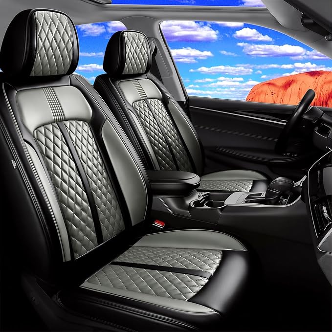 Fit Sonic Car Seat Covers for Select Chevrolet/Chevy Sonic 2012-2020, Premium Full Coverage Leather, Airbag Compatible, Waterproof All Weather Seat Cushion Protector, Full Set, Black+Gray