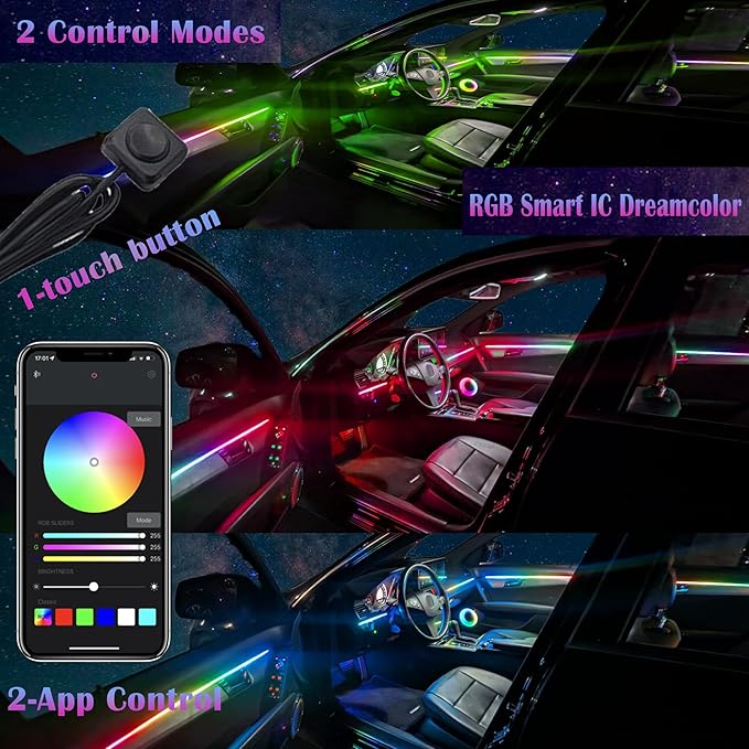 Dreamcolor Acrylic Interior Car LED Strip Light, RGB 10 in 1 Fiber Optic Ambient Lighting Kits, 16 Million Colors Sound Active Function Car Neon Lights with Wireless APP