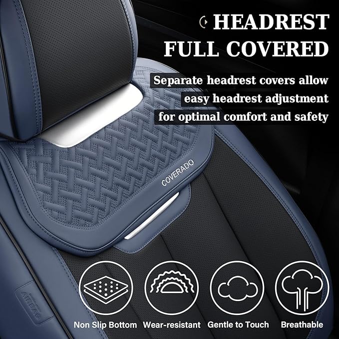 Coverado Front Seat Covers, Breathable Nappa Leather Car Seat Cover, Universal Seat Covers for Cars, Waterproof Car Seat Protector, Driver Seat Cover Fit for Most Cars(Blue&Black)