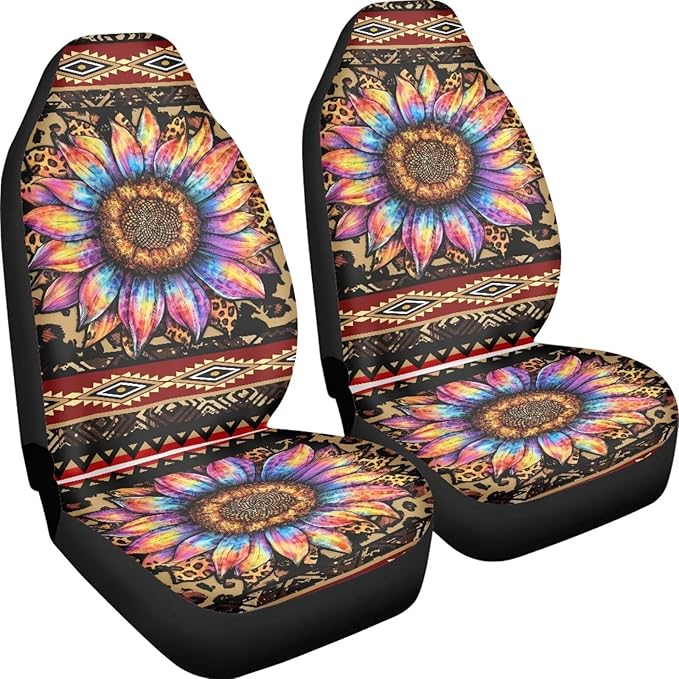 BIGCARJOB Native Tribal Sunflower Car Seat Covers Set Universal Car Interior Seat Rugs 2 Pcs Aztec Sunflower Auto Front Seat Protector Set Sunflower Car Accessories