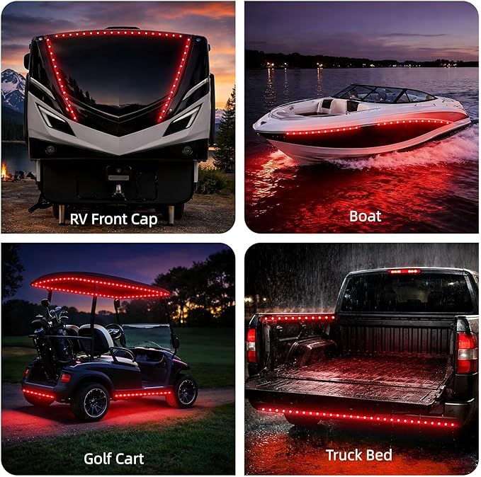 12V Marine Boat LED Light Strip Super Bright, 2 Pack 4FT IP68 Fully Waterproof RV Front Cap Lights, Golf Cart Underglow Roof Lights Strip for Truck ATV UTV SUV Car Pickup Trailer, Cuttable, Red