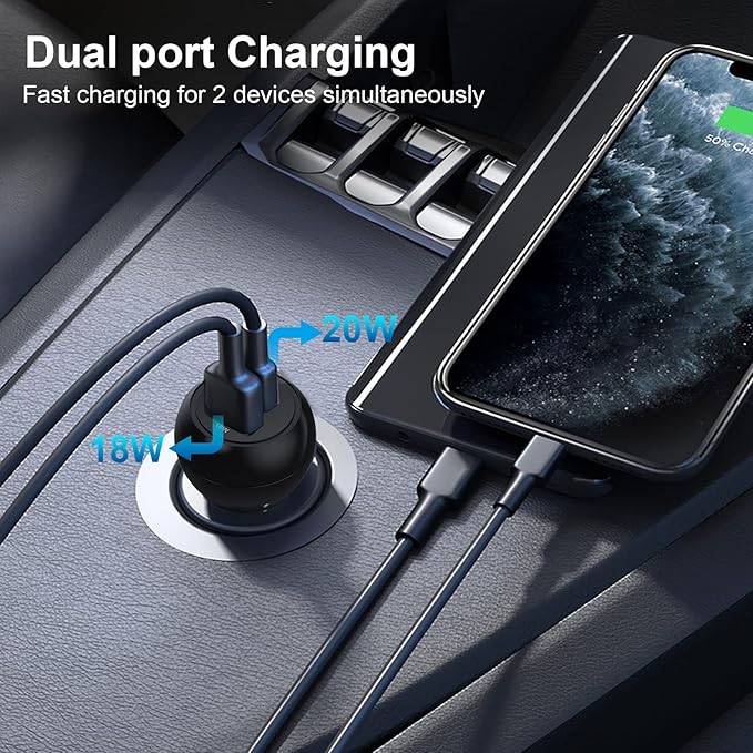USB C Car Plug Fast Charging Adapter, 38W 2 Port Multi Port Car Charger, PD 20W & QC 18W Cigarette Lighter Adapter for iPhone 14/13/12, iPad Air/Pro, S20/S10, Note 21/20