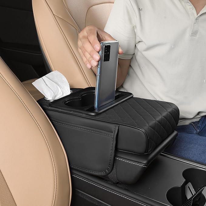 FREESOO Car Center Console Cover, Leather Armrest Cover for Car, Universal Middle Console Cushion with Storage Box, Cup Holder, Tissue Box & Phone Slot, Luxury Waterproof Interior Accessories, Black