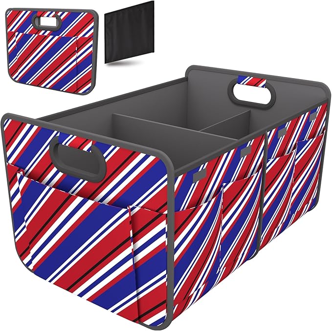Homeve Trunk Organizer, Car Storage, Reinforced Handles, Collapsible Multi-Compartment, Foldable, Waterproof, Sturdy, 600D Oxford Polyester For Car, SUV, Mini-Van, Red Blue Twill, 2 Compart