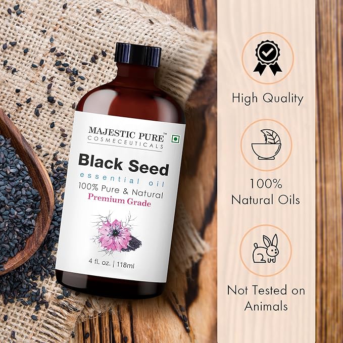 Majestic Pure Essential Oil with Glass Dropper - 100% Pure and Natural - Essential Oils for Diffuser, Aromatherapy, Soap and Candle Making, Blackseed Essential Oil, Blackseed Oil, 4 Fl Oz