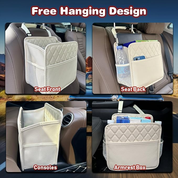 Witaxima Upgrade Car Seat Organizer Backseat with Storage Pockets, Multipurpose Car Organizer Hanging, Car Trash Bag Can,Premium PU Leather Garbage Can 2.14 Gallon Large Capacity Accessories Beige