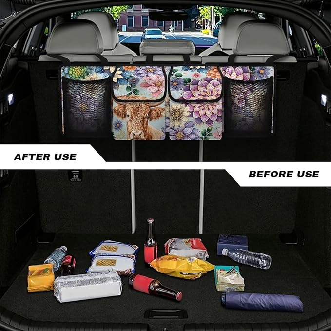 Highland Cow Car Trunk Organizer with Lid Boho Mandala Floral Blossom Large Capacity Backseat Hanging Organizer for Grocery Cargo