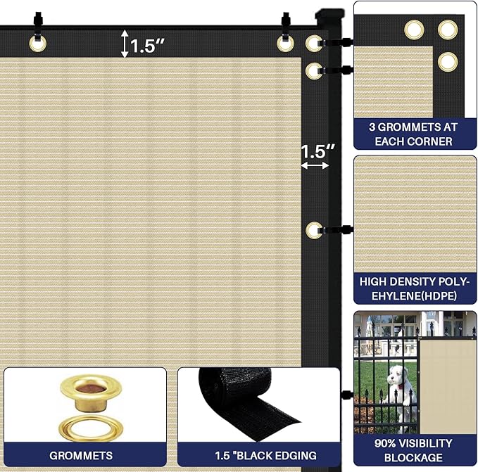 Windscreen4less Privacy Fence Screen Heavy Duty Windscreen Fencing Mesh Fabric Shade Net Cover with Brass Grommtes for Outdoor Wall Garden Yard Pool Deck, 8'x74' Beige