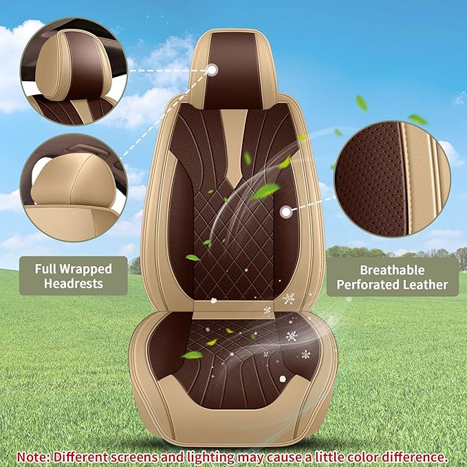 Breathable Car Seat Covers for Hyundai Santa Fe 2007-2025 2026, Perforated Leather Full Set 5 Seats, for Hyundai Santa Fe Accessories (Beige&Brown)