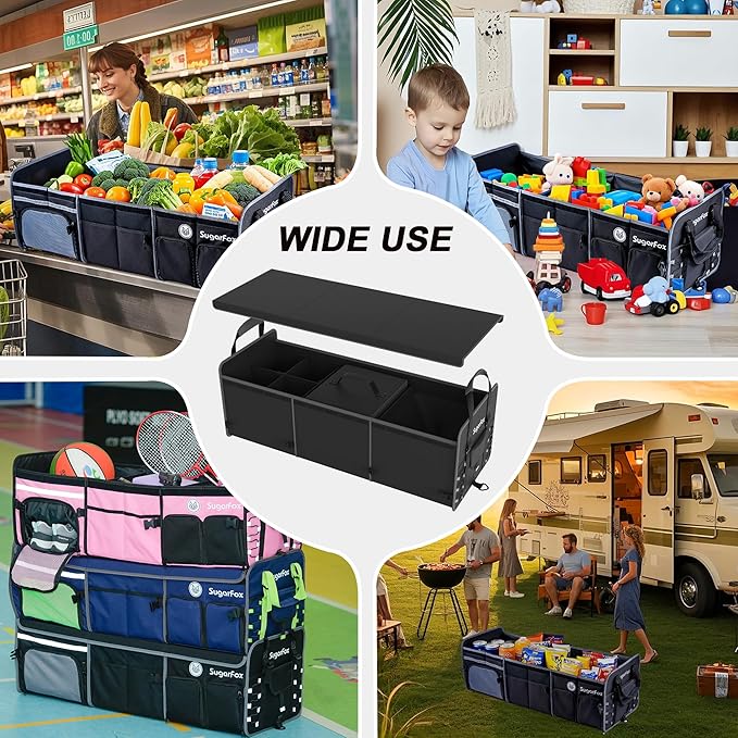 Bold Color Block Trunk Organizer | 95L, 35"x13.8"x11.8" | Dedicated Shoe Storage & 26L Ice Pack | Foldable for SUV/Car/Jeep | Stylish Gift & Essential Car Accessories for Drivers - Black-X212