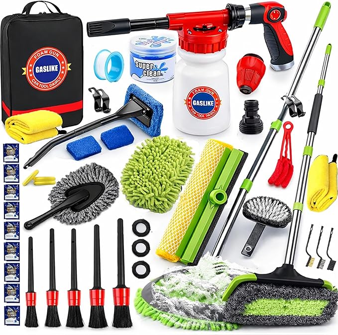 GASLIKE 63PCS Car Wash Cleaning Kit,Car Wash Brush with Long Handle,Car Detailing Kit with Foam Gun,Car Cleaning Supplies,Handheld Vacuum, Car Detailing Kit (62PCS)