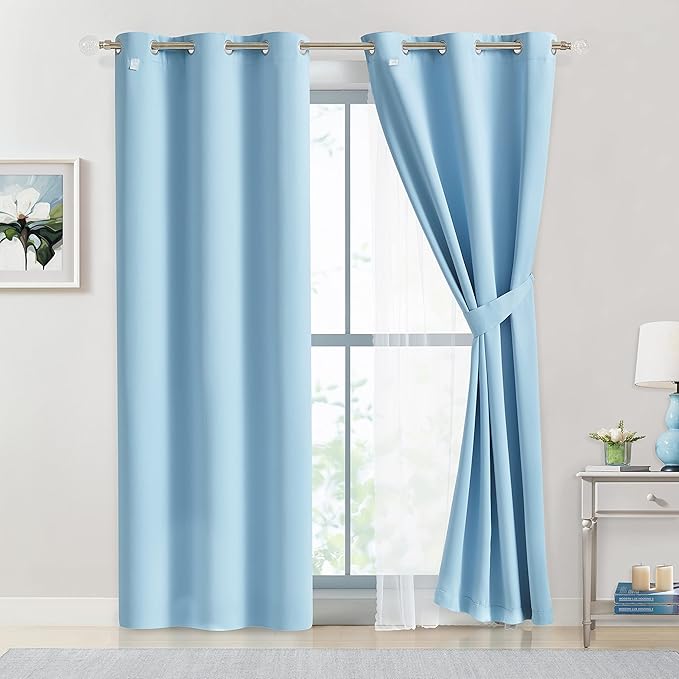Bujasso Sky Blue 80% Blackout Curtains with Sheer Overlay Mix and Match Double Layer Thermal Insulated Window Panels 84 inch for Living Room Bedroom Blue Drapes with Tiebacks Grommet Top 37" Wx84 Lx2