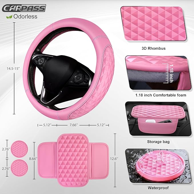 CAR PASS 3D Rhombus Leather Steering Wheel Cover Car Accessories Set, Comfortable Center Console Armrest Cushion with Storage Bags 2 Non-Slip Cup Coasters, 14.5-15in Cute Car Interior Sets, 4 PCS Pink
