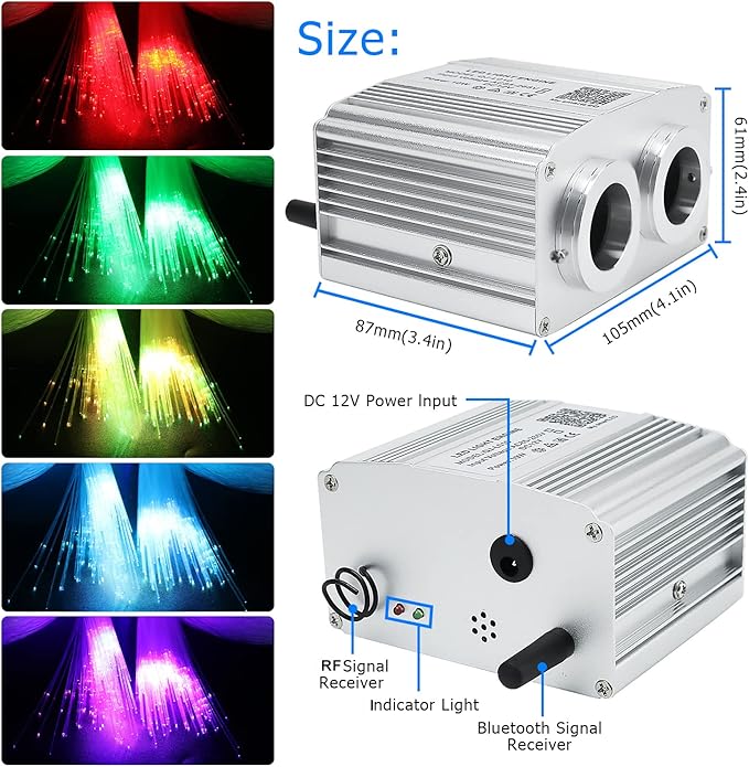 AZIMOM Dual Port 16W Twinkle Bluetooth Fiber Optic Lights Star Ceiling Light Kits 1100pcs*0.03in*13.1ft Fibers Strands Sound Activated RGBW APP/Remote for Car Home Starlight Headliner Décor
