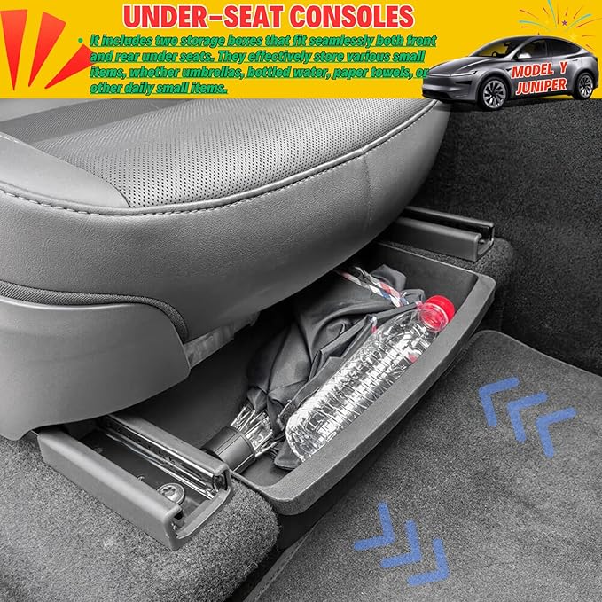 Under Seat Storage Box Compatible with 2025 2026 New Tesla Model Y Juniper Under-Seat Consoles Hidden Compartment Organizer Interior Accessories - TPE, Black (2 Pack)