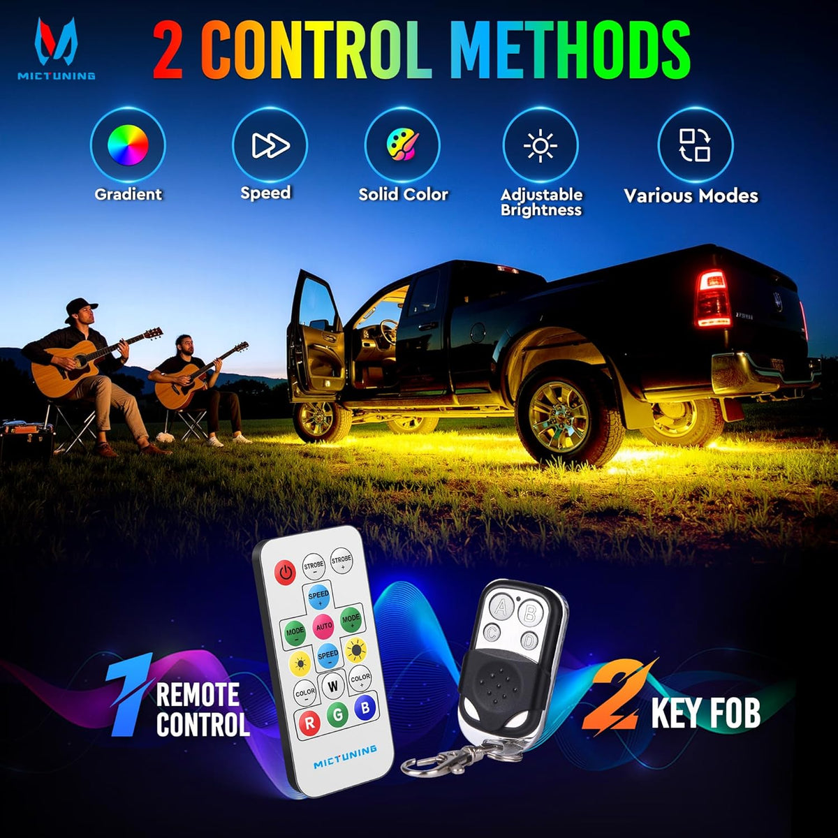 MICTUNING U8 RGB+IC Underglow LED Light Bars (8-Piece Kit) 888 LEDs, Dual Remote Control, Chasing/Fading Modes, IP68 Waterproof Aluminum Housing