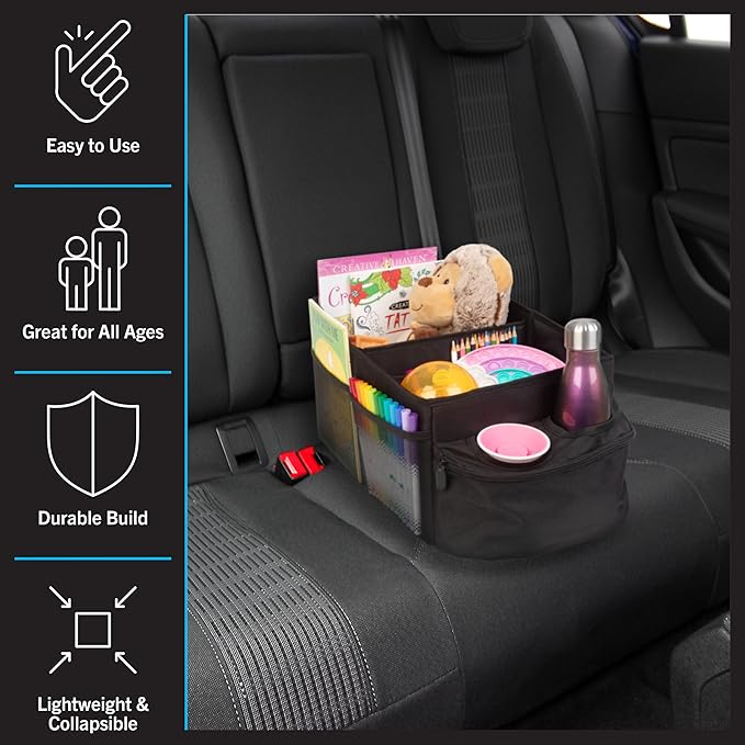 Backseat Car Organizer Back Seat or Front Car Seat Organizer - Collapsible Storage Box Caddy with 2 Cupholders and Partitions for Files, Books, Toys, Snacks, Drinks or Road Trip Essentials by Stalwart