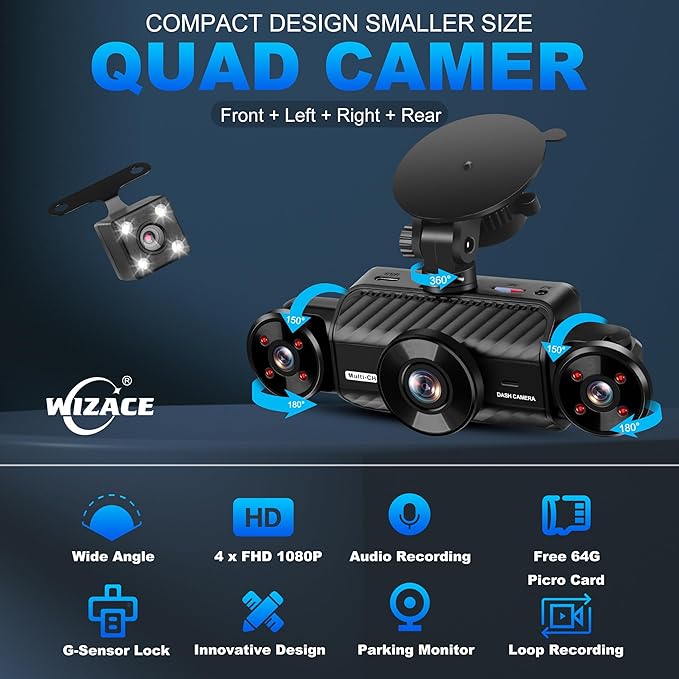 4 Channel Dash Cam 360° View 5G WiFi & APP Control, WIZACE 2K Front and Rear Inside, Left Right Dash Camera for Cars Free 64GB TF Card, G-Sensor, Night Vision, 24H Parking Mode