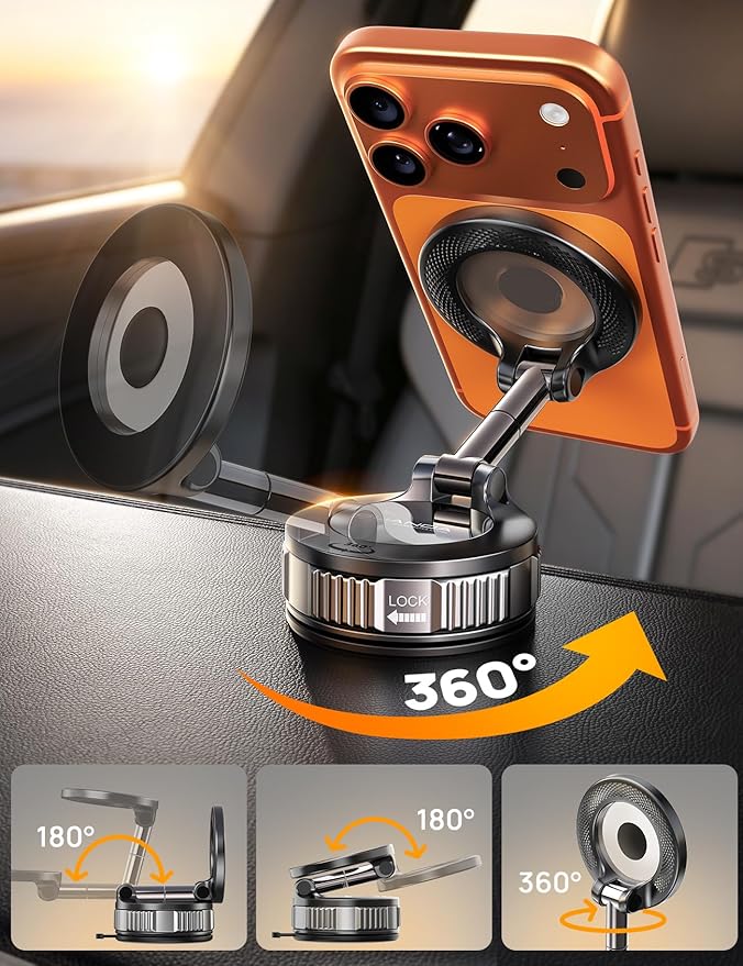 Upgraded Magnetic Car Phone Holder for Magsafe, 360° Adjustable Vacuum Suction Car Phone Mount [98 LBs Suction], Phone Holders for Your Car Fit Phone 17 Pro Max 16 15 14 13 12