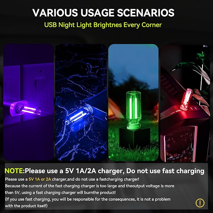4 PCS USB Night Light, Touch Dimmable Mini USB LED Car Interior Ambient Lights, Portable Plug-in Glass Bottle Night Lamp for Car, Tent, Desk, Bedside (2Green&2Purple)