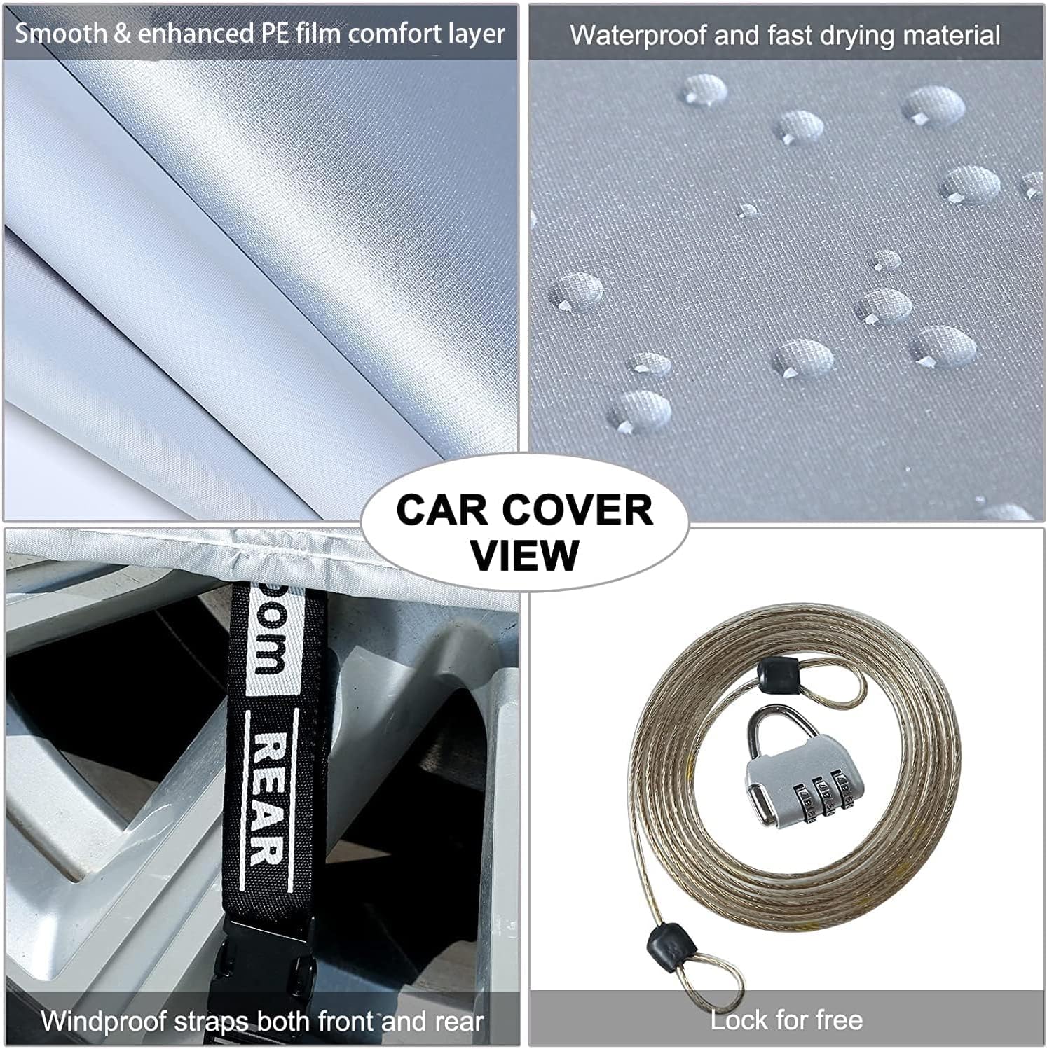 Tecoom Light Shell Waterproof UV-Proof Windproof Design Car Cover with Zipper Storage and Lock for All Weather Indoor Outdoor Fit Sedan 170-190 Inches Length
