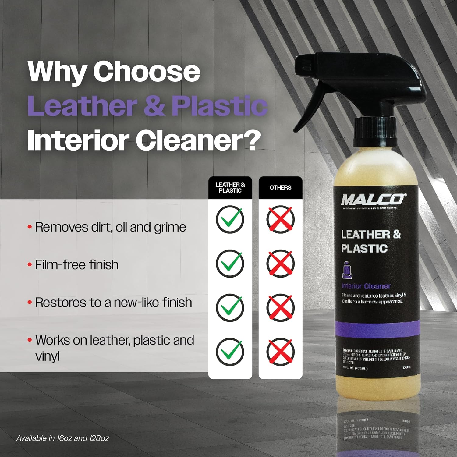 Malco Leather & Plastic Cleaner – Penetrates Deep to Remove Dirt, Grime and Oily Soils/Restores Leather, Plastic and Vinyl/Leaves Surfaces Clean, Shiny and Film-Free / 16 Oz. (100116)