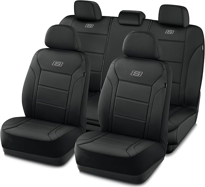 Skechers Memory Foam Car Seat Covers, Lycra Fabric Seat Covers, Seat Cover Full Sets Airbag Compatible, Automotive Comfort Protection for Most Cars, Trucks, SUVs, Black