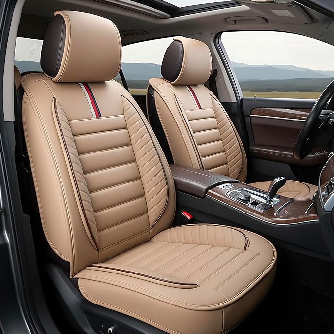 OASIS AUTO Car Seat Covers Front Seats Premium Waterproof Faux Leather Cushion Universal Accessories Fit SUV Truck Sedan Automotive Vehicle Auto Interior Protector (OS-001 Tan)
