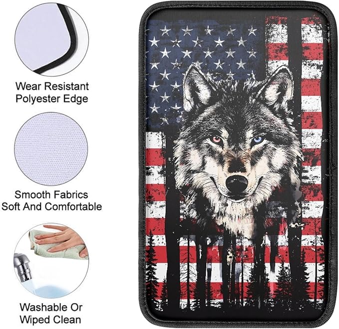 Wolf American Flag Print Center Console Armrest Cover for Car,Armrest Cushion Cover Pad, Auto Interior Accessories Universal Fit