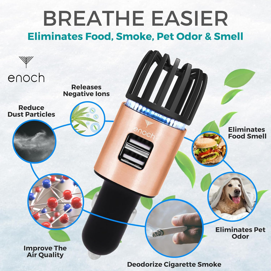 Enoch Car Air Purifier Premium Air Ionizer - 12V Plug-In Ionic Ozone Deodorizer Accessory with Dual USB Car Charger - Eliminates Cigarette Smoke, Pet and Food Odors, Dust (Rose Gold)