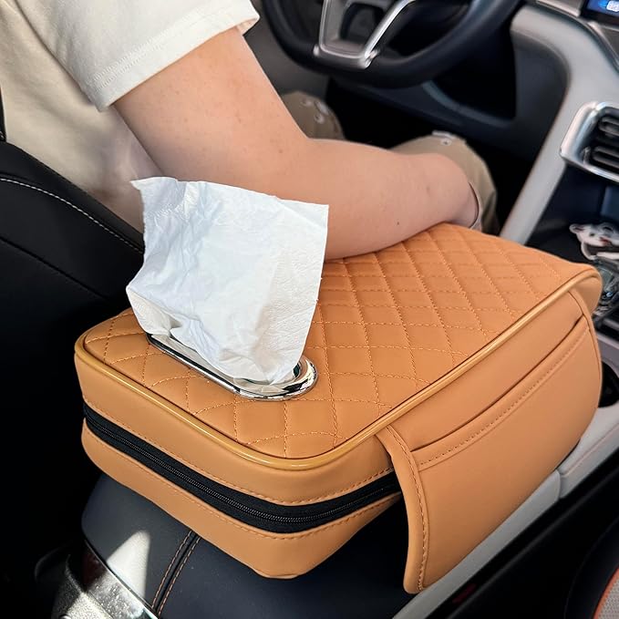 Upgraded Multi-Functional Car Center Console Cover, PU Leather Armrest Pad Cushion with Memory Foam Cushion, 2 Storage Pockets, Tissue Box Hole for Sedan Vehicles, 7 Colors (Yellow)