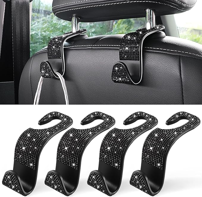 LivTee Car Seat Headrest Hook, Auto Seat Hook Hangers Storage Organizer Interior Accessories for Purse Coats Umbrellas Grocery Bags Handbag, 4-Pack(Bling Black)