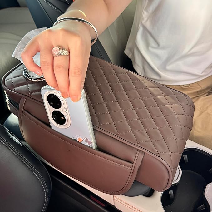 Upgraded Multi-Functional Car Center Console Cover, PU Leather Armrest Pad Cushion with Memory Foam Cushion, 2 Storage Pockets, Tissue Box Hole for Sedan Vehicles, 7 Colors (Coffee)