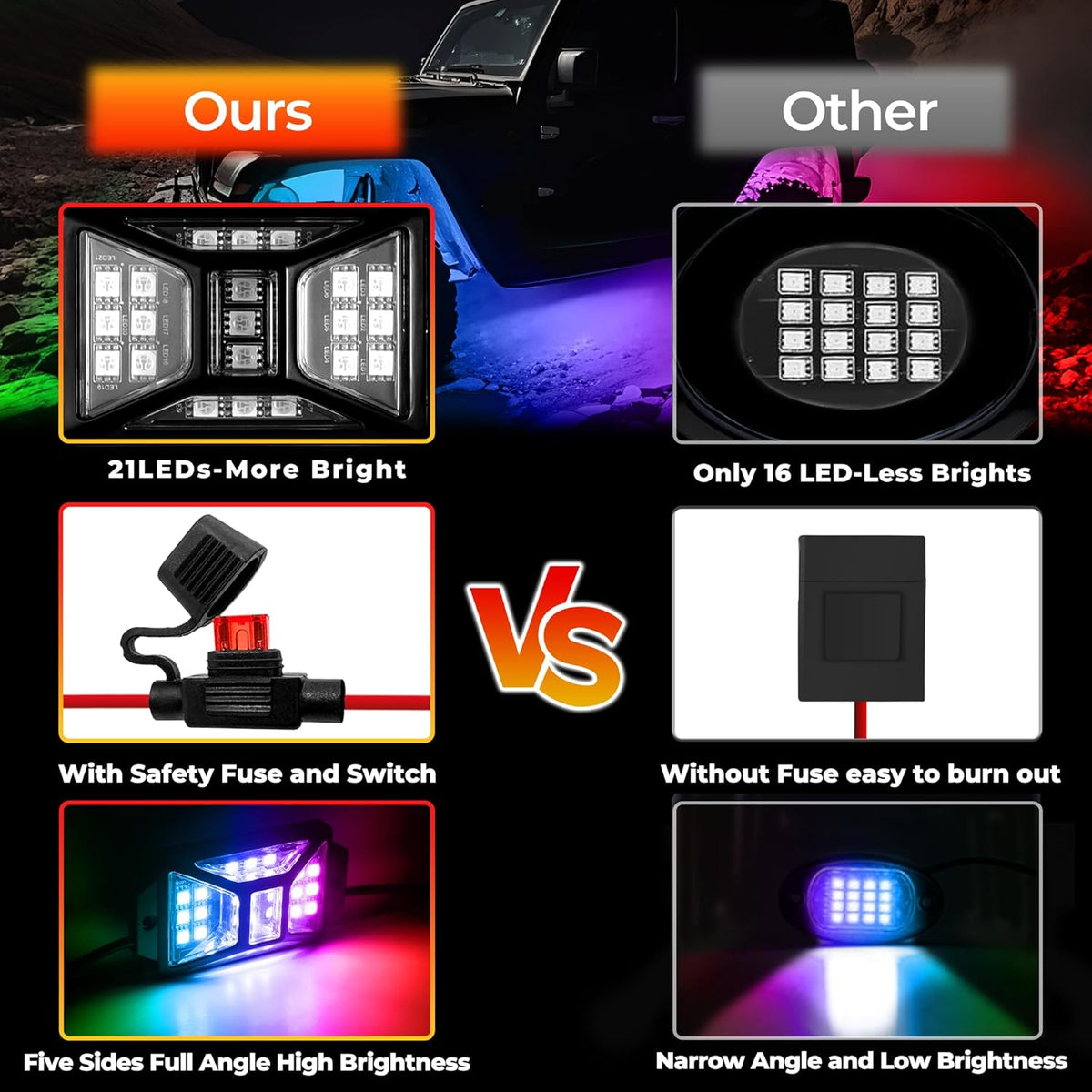 16 Pods 336 LEDs 5 Sides RGB Rock Lights, App/Remote Control Rock Lights for Trucks, Waterproof Multi-Color Bright Underglow Kits with Music Mode, Compatible with 12V Jeep UTV SUV ATV Golf RZR