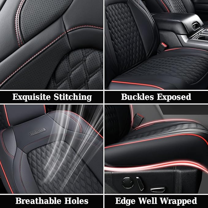 Coverado Seat Covers Full Set for Jeep Wrangler, Waterproof Car Seat Protector for Automotive Truck Seat Custions Custom Fit for 2013-2017 Jeep Wrangler JK Seat Covers for Cars 4 Door(Red Line)