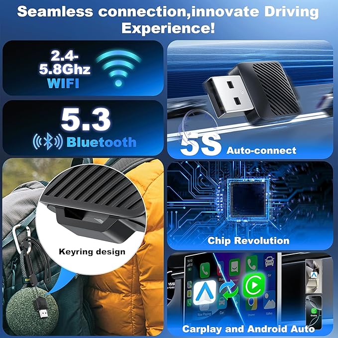 2-in-1 Wireless CarPlay & Android Auto Adapter, Mini USB Design for Cars with Built-in Wired Apple CarPlay 2025 Upgrade Plug & Play CarPlay Dongle Converts Wired CarPlay to Wireless, Fast Auto-Connect