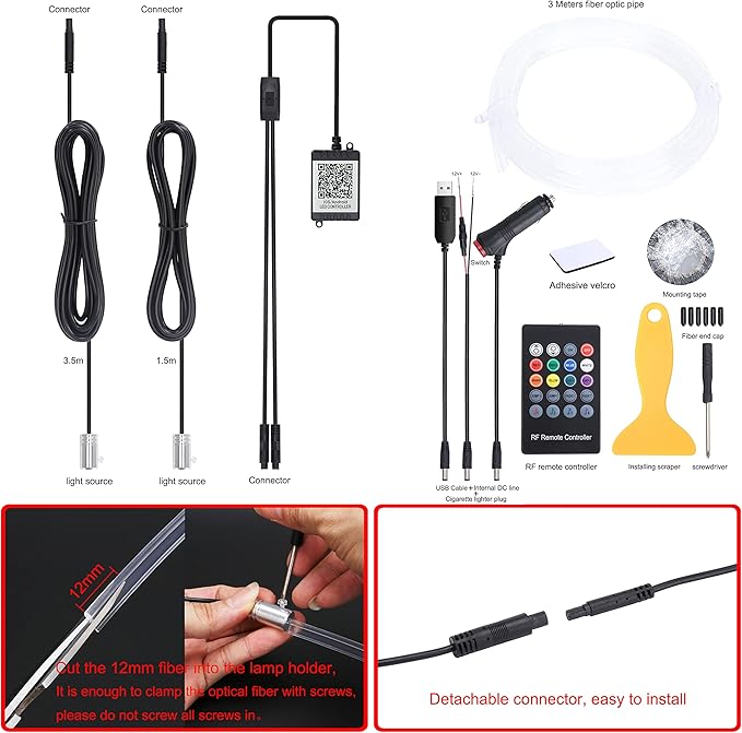 Car Ambient Lighting Optic Fiber 64 Colors Music Sound Active with RF Remote Control + APP Control Car Decorative Atmosphere Lighting Kit DC 12V 1W 3m